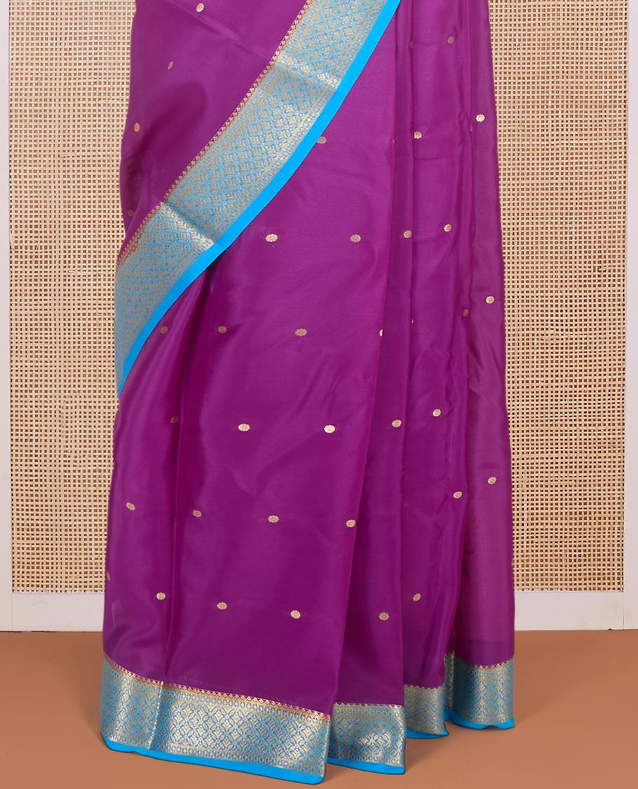 Purple zari buttas Mysore silk saree, contrast jaal design zari border & pallu of jaal design