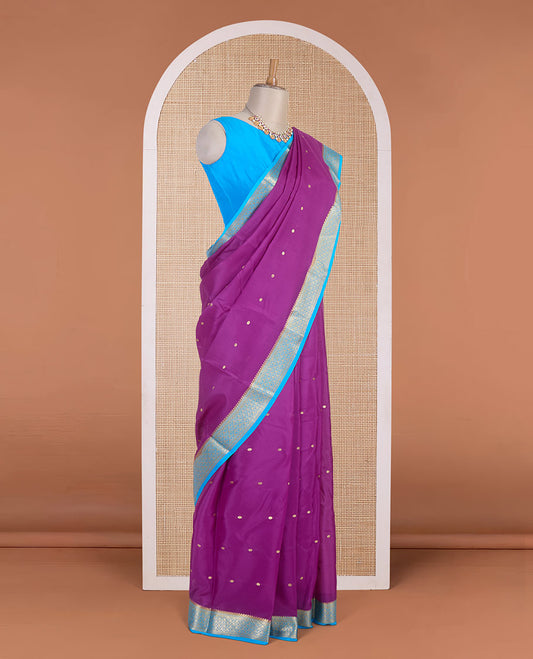 Purple zari buttas Mysore silk saree, contrast jaal design zari border & pallu of jaal design