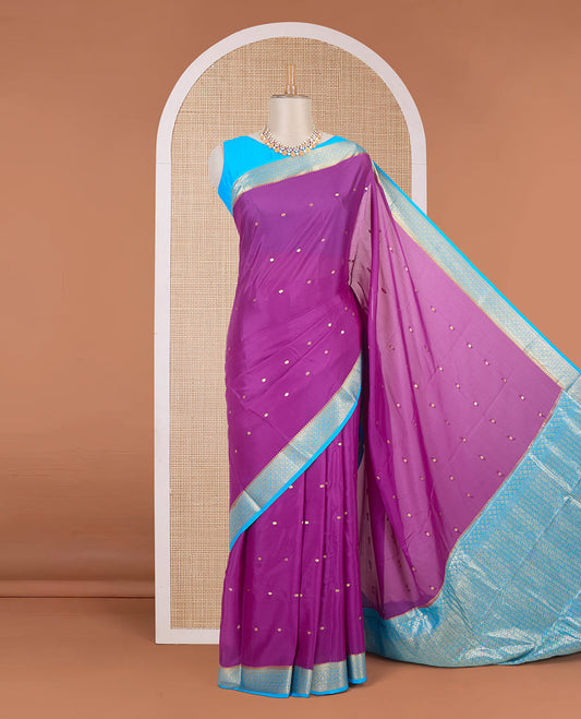 Purple zari buttas Mysore silk saree, contrast jaal design zari border & pallu of jaal design