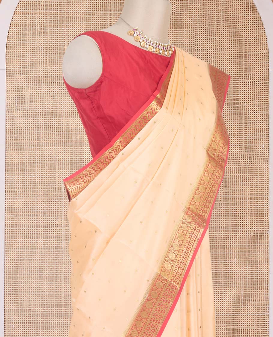 Cantaloupe orange zari buttas Mysore silk saree, contrast traditional zari border & intricately zari woven pallu