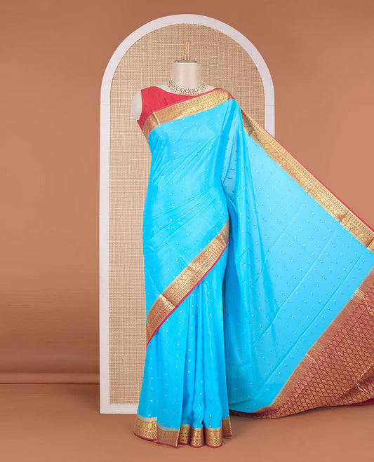 Blue zari buttas Mysore silk saree, contrast traditional zari border & intricately zari woven pallu