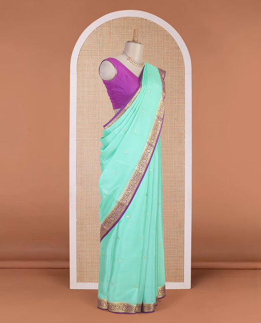 Turquoise zari buttas Mysore silk saree, contrast temple paisley zari border & zig-zag stripes woven pallu