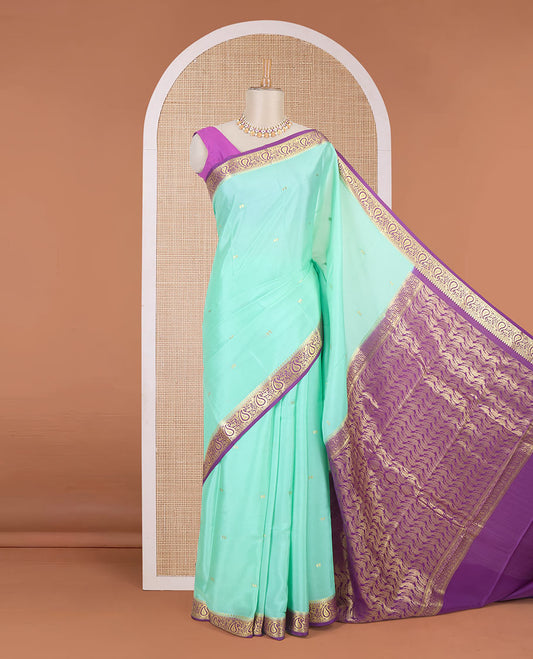 Turquoise zari buttas Mysore silk saree, contrast temple paisley zari border & zig-zag stripes woven pallu
