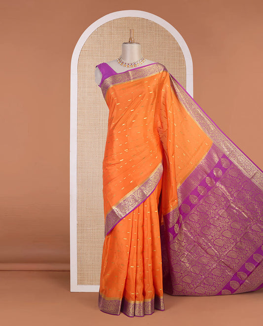 Orange zari buttas Mysore silk saree, contrast floral zari border & pallu of floral design