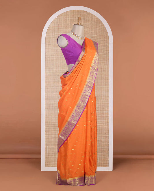 Orange zari buttas Mysore silk saree, contrast floral zari border & pallu of floral design