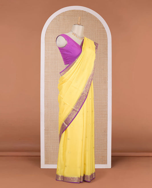 Yellow zari buttas Mysore silk saree, contrast temple paisley zari border & zig-zag stripes woven pallu