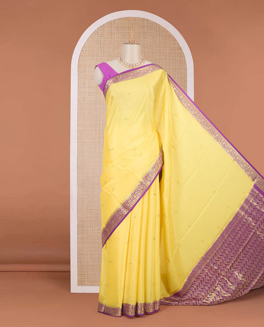 Yellow zari buttas Mysore silk saree, contrast temple paisley zari border & zig-zag stripes woven pallu