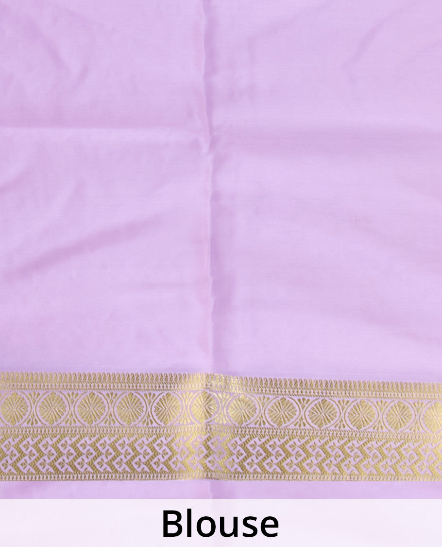 Orange zari buttas Mysore silk saree, contrast traditional zari border & intricately zari woven pallu