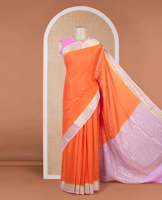 Orange zari buttas Mysore silk saree, contrast traditional zari border & intricately zari woven pallu