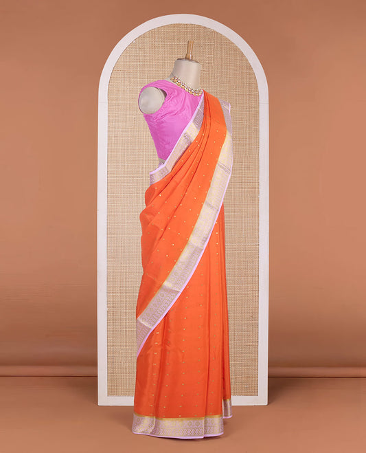 Orange zari buttas Mysore silk saree, contrast traditional zari border & intricately zari woven pallu