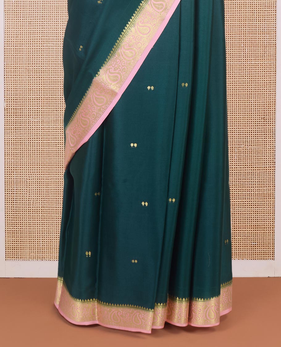 Bottle green zari buttas Mysore silk saree, contrast traditional zari border & intricately zari woven pallu