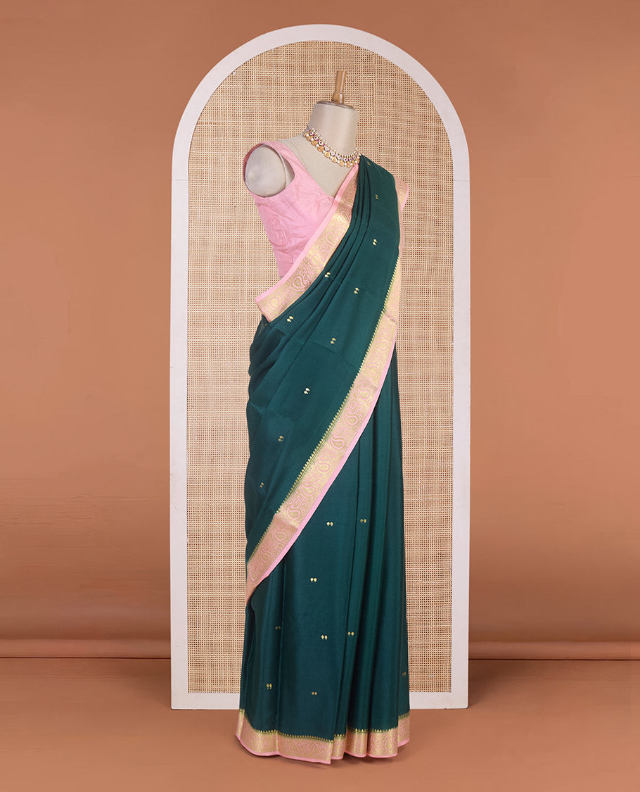 Bottle green zari buttas Mysore silk saree, contrast traditional zari border & intricately zari woven pallu