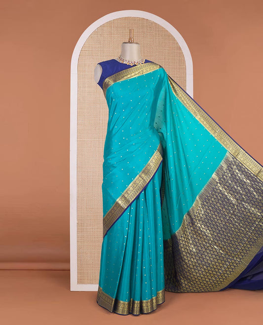 Ramar blue zari buttas Mysore silk saree, contrast traditional zari border & intricately zari woven pallu