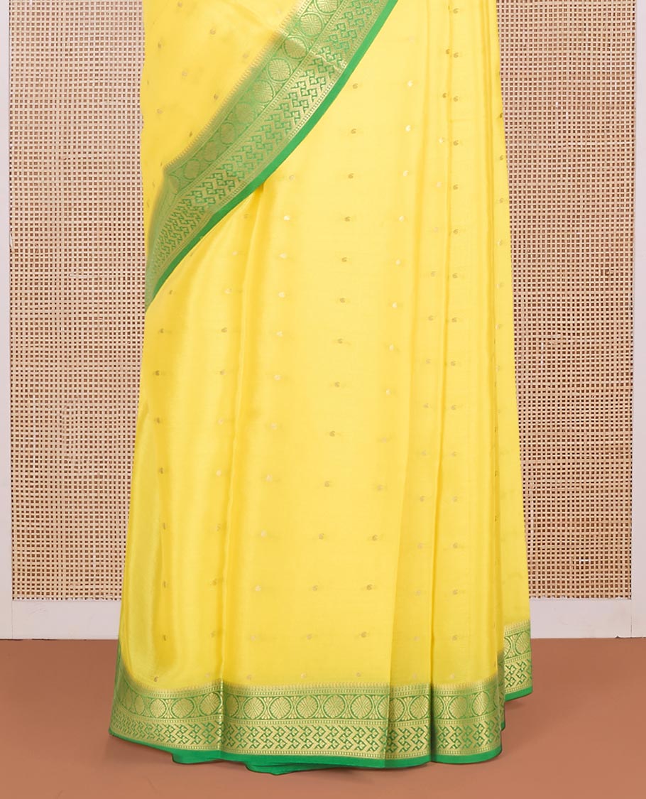 Lemon yellow zari buttas Mysore silk saree, contrast traditional zari border & intricately zari woven pallu