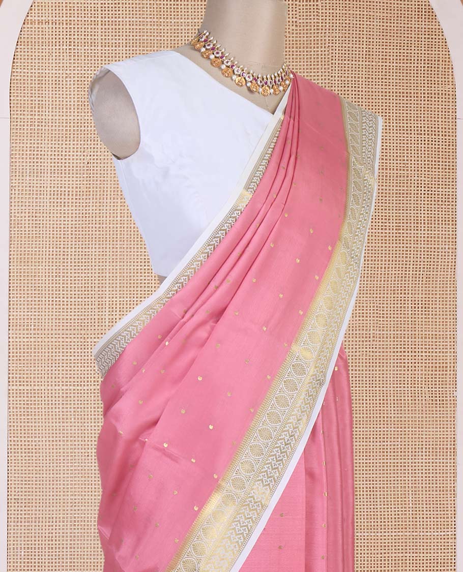 Flamingo pink zari buttas Mysore silk saree, contrast traditional zari border & intricately zari woven pallu