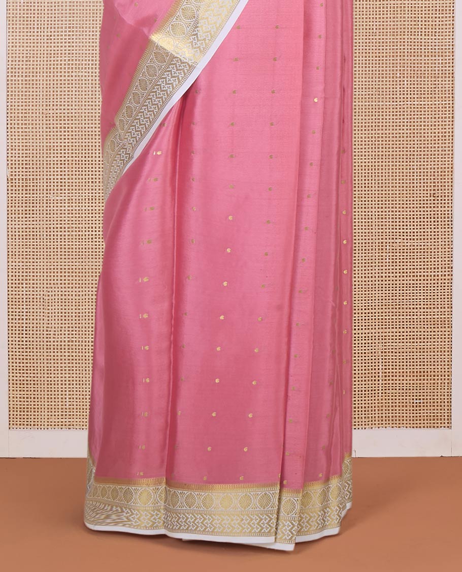 Flamingo pink zari buttas Mysore silk saree, contrast traditional zari border & intricately zari woven pallu