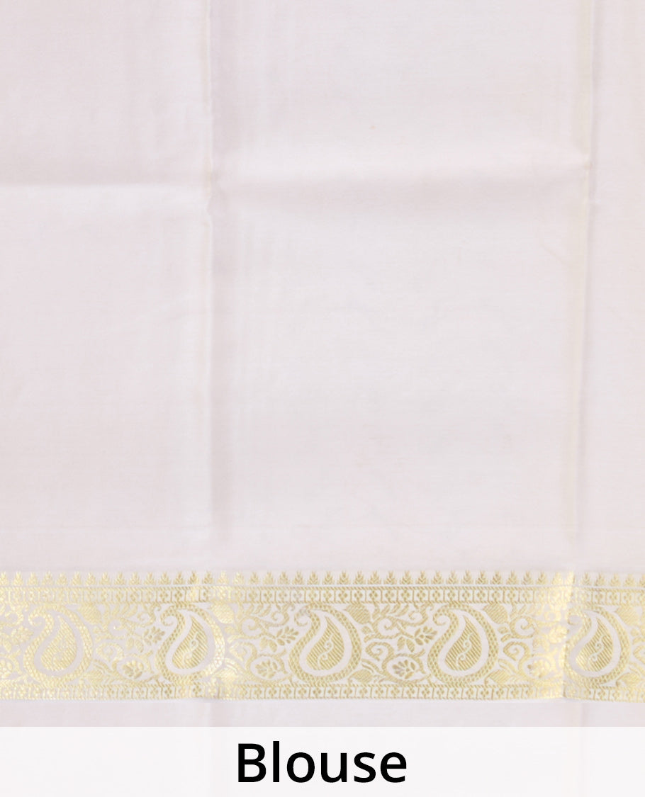 Cherry red zari buttas Mysore silk saree, contrast temple paisley zari border & zig-zag stripes woven pallu