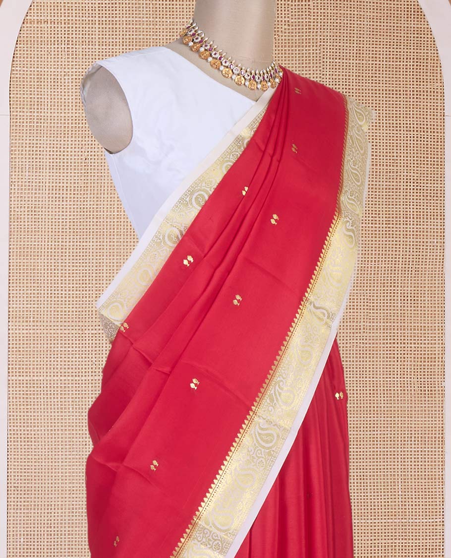 Cherry red zari buttas Mysore silk saree, contrast temple paisley zari border & zig-zag stripes woven pallu