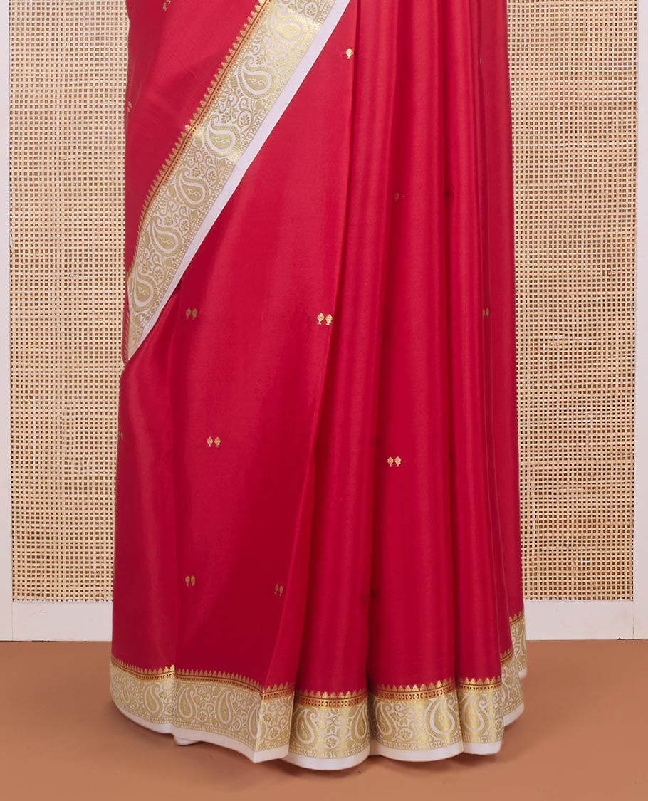 Cherry red zari buttas Mysore silk saree, contrast temple paisley zari border & zig-zag stripes woven pallu