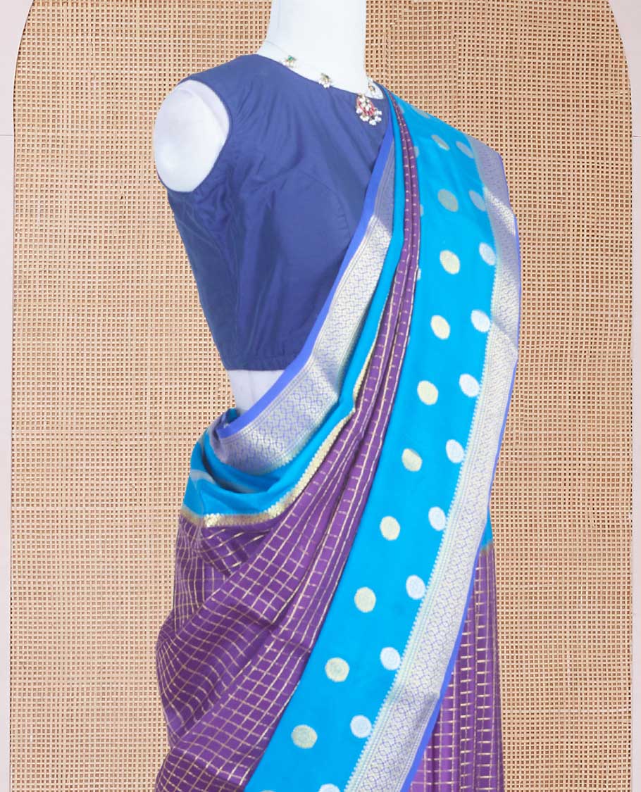 Purple zari checked Mysore silk saree with contrast traditional zari woven borders of chakra motifs, and pallu of zari geometric designs