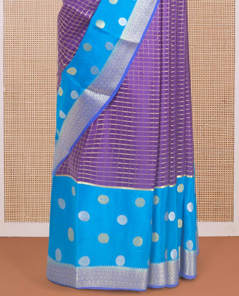Purple zari checked Mysore silk saree with contrast traditional zari woven borders of chakra motifs, and pallu of zari geometric designs