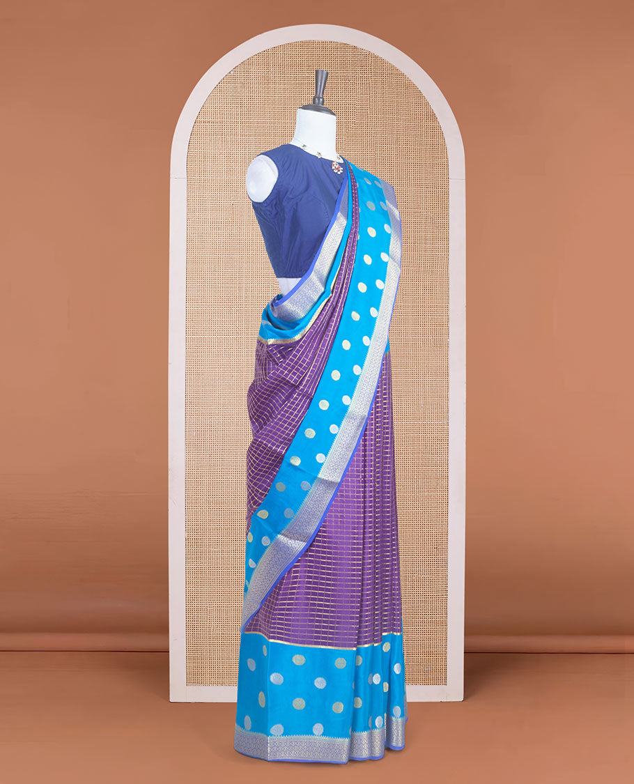 Purple zari checked Mysore silk saree with contrast traditional zari woven borders of chakra motifs, and pallu of zari geometric designs