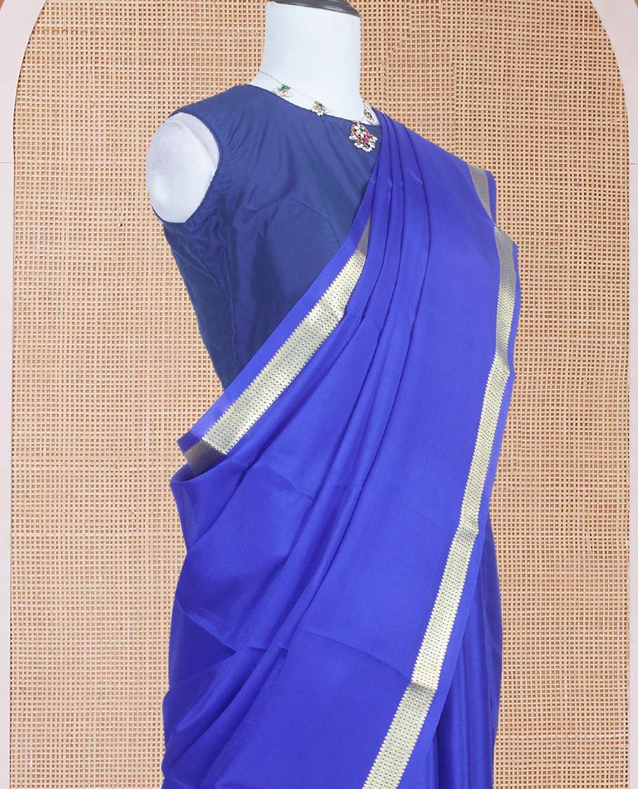 Royal blue plain body Mysore silk saree with traditional zari borders and zari woven stripes