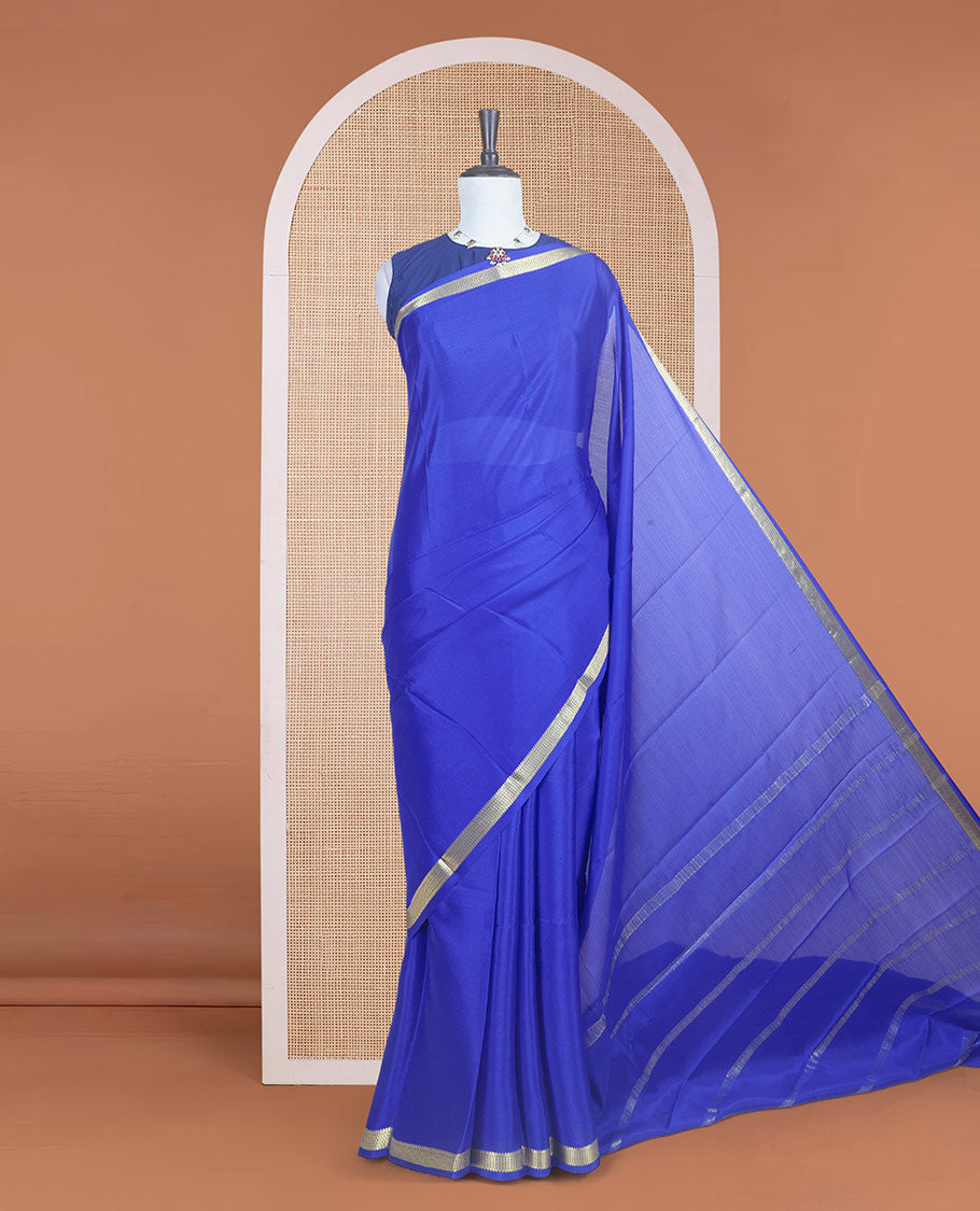 Royal blue plain body Mysore silk saree with traditional zari borders and zari woven stripes
