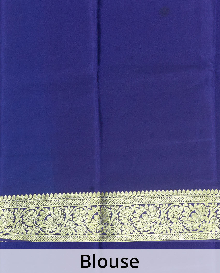 Blue zari buttas Mysore silk saree, contrast traditional zari border adorned with floral creeper design, and floral jaal pallu