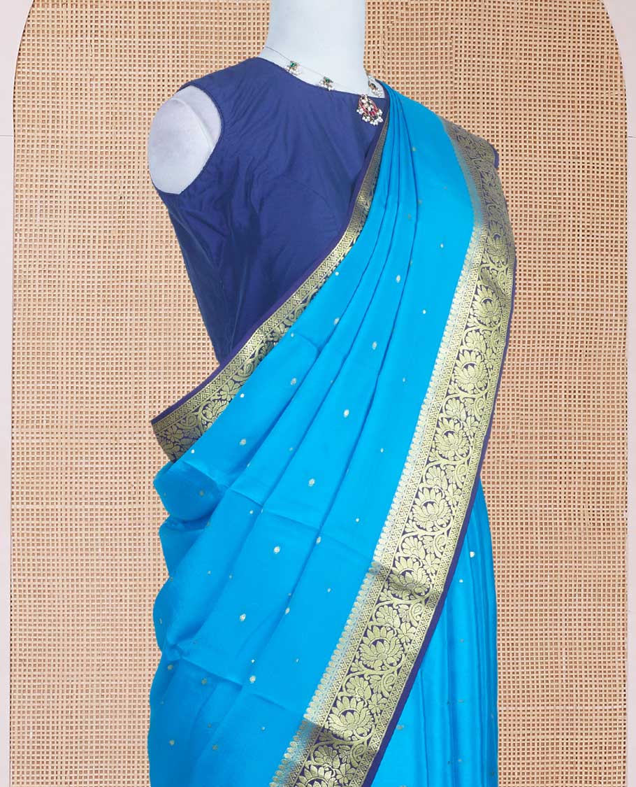 Blue zari buttas Mysore silk saree, contrast traditional zari border adorned with floral creeper design, and floral jaal pallu