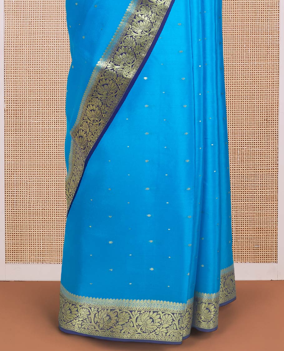 Blue zari buttas Mysore silk saree, contrast traditional zari border adorned with floral creeper design, and floral jaal pallu