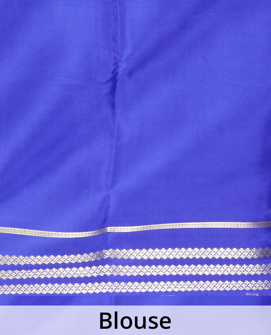 Electric blue plain design Mysore silk saree with contrast rettai pettu borders of zari designs, and zari striped pallu