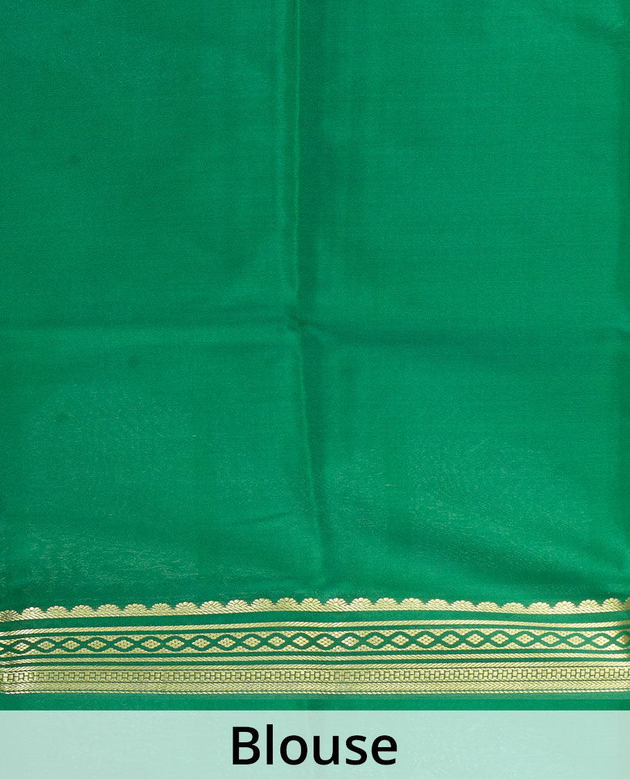 Baby pink plain Mysore silk saree with contrast geometric zari design borders and pallu of zari seer lines