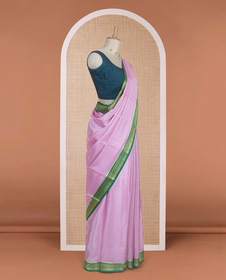 Baby pink plain Mysore silk saree with contrast geometric zari design borders and pallu of zari seer lines