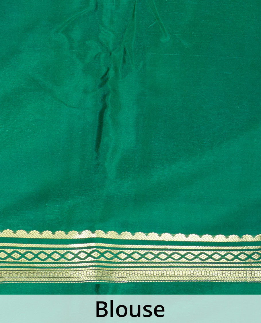 Tea green color plain Mysore silk saree with contrast geometric zari design borders and pallu of zari seer lines
