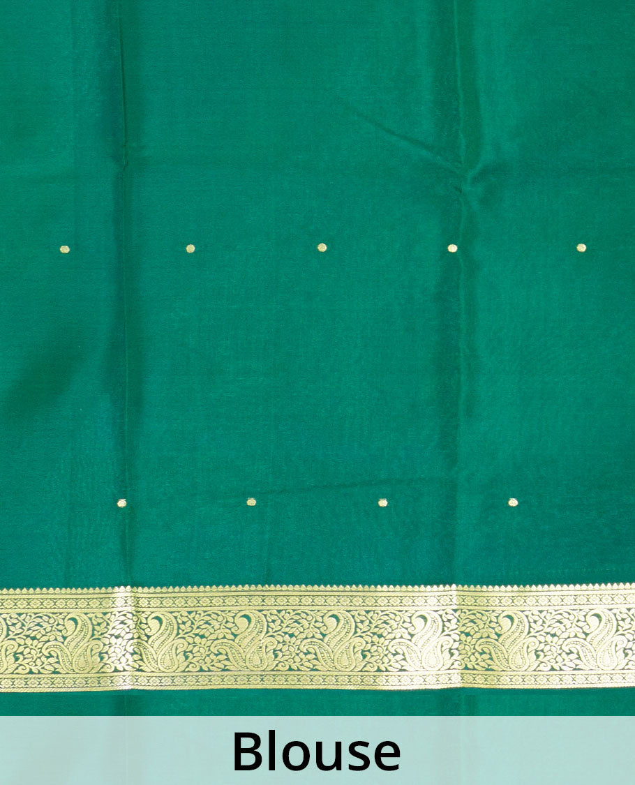 Green zari buttas woven Mysore silk saree, contrast zari paisley motifs woven border, and intricate pallu