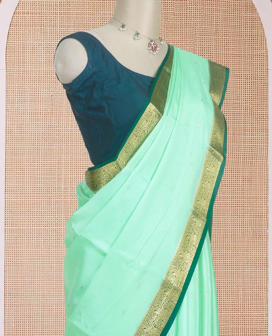 Green zari buttas woven Mysore silk saree, contrast zari paisley motifs woven border, and intricate pallu