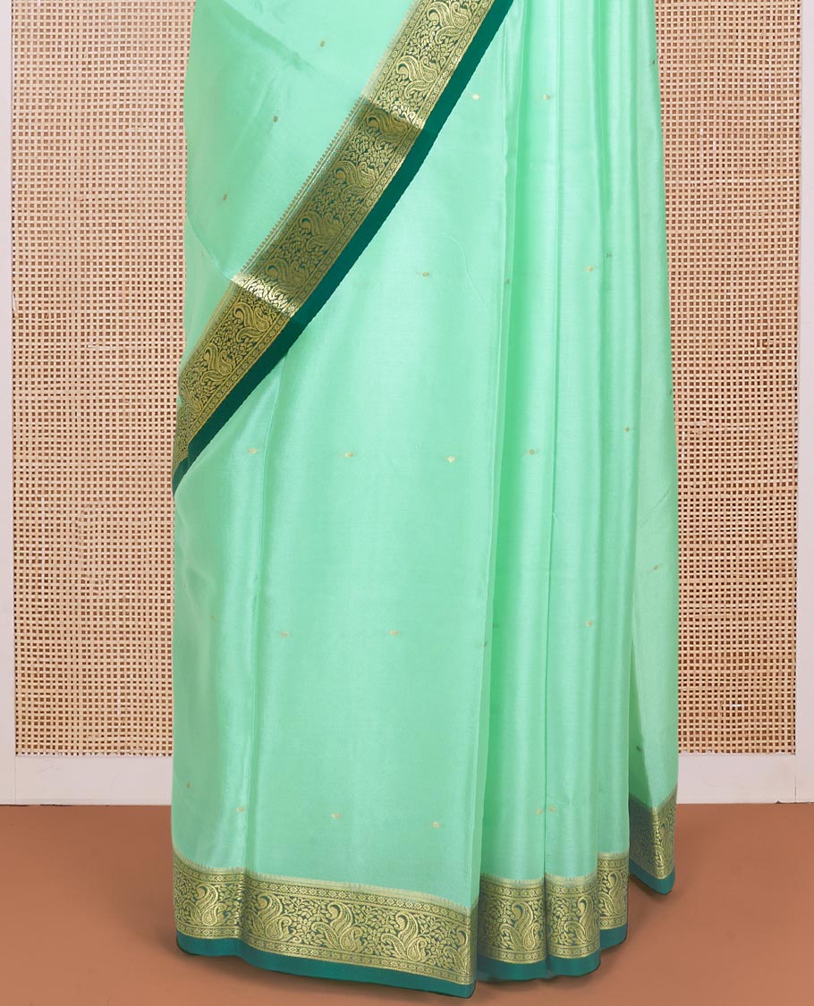 Green zari buttas woven Mysore silk saree, contrast zari paisley motifs woven border, and intricate pallu