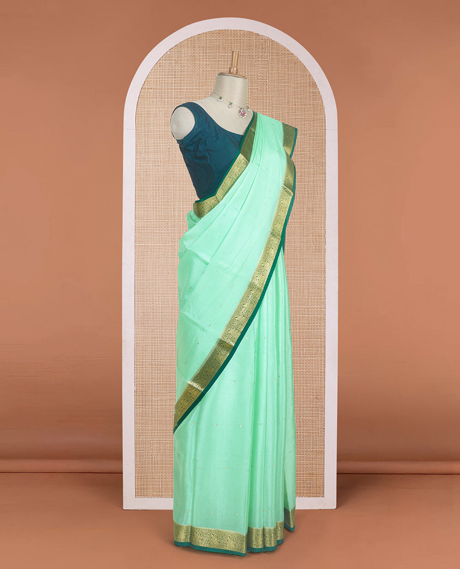 Green zari buttas woven Mysore silk saree, contrast zari paisley motifs woven border, and intricate pallu