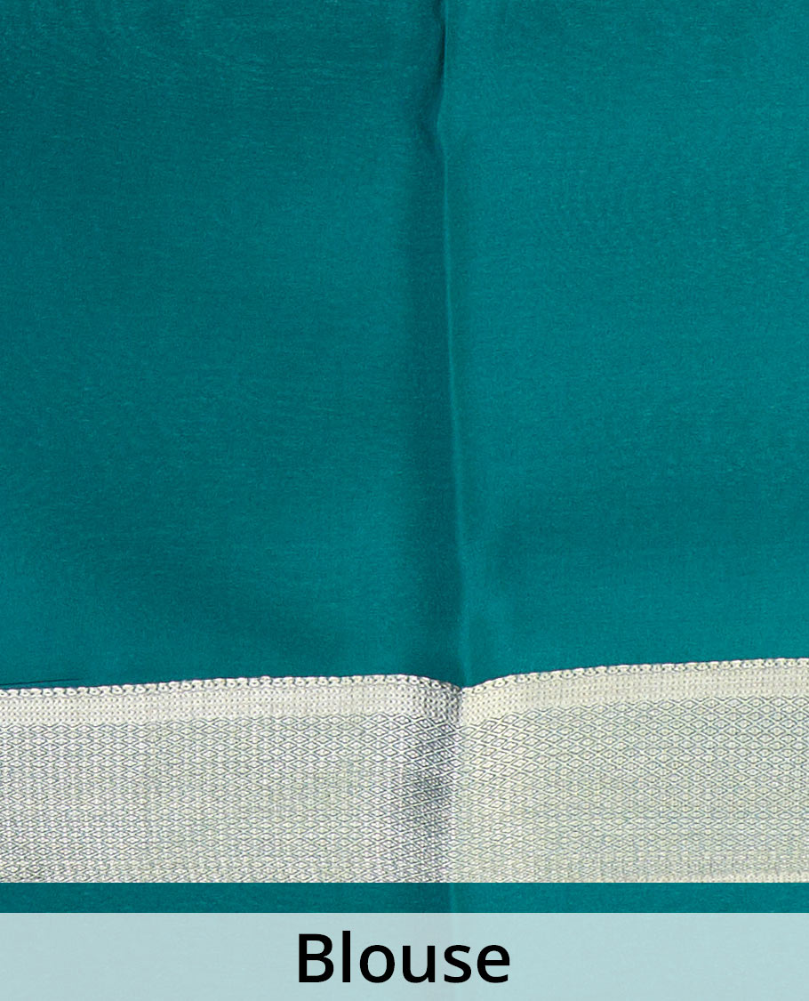 Green zari-woven geometric patterns steeped Mysore silk saree, temple traditional zari border, and jaal pallu