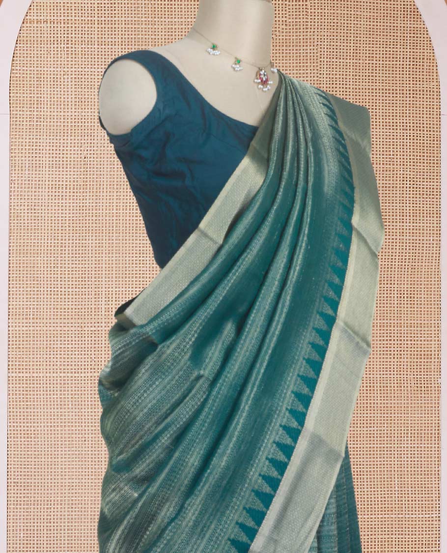 Green zari-woven geometric patterns steeped Mysore silk saree, temple traditional zari border, and jaal pallu