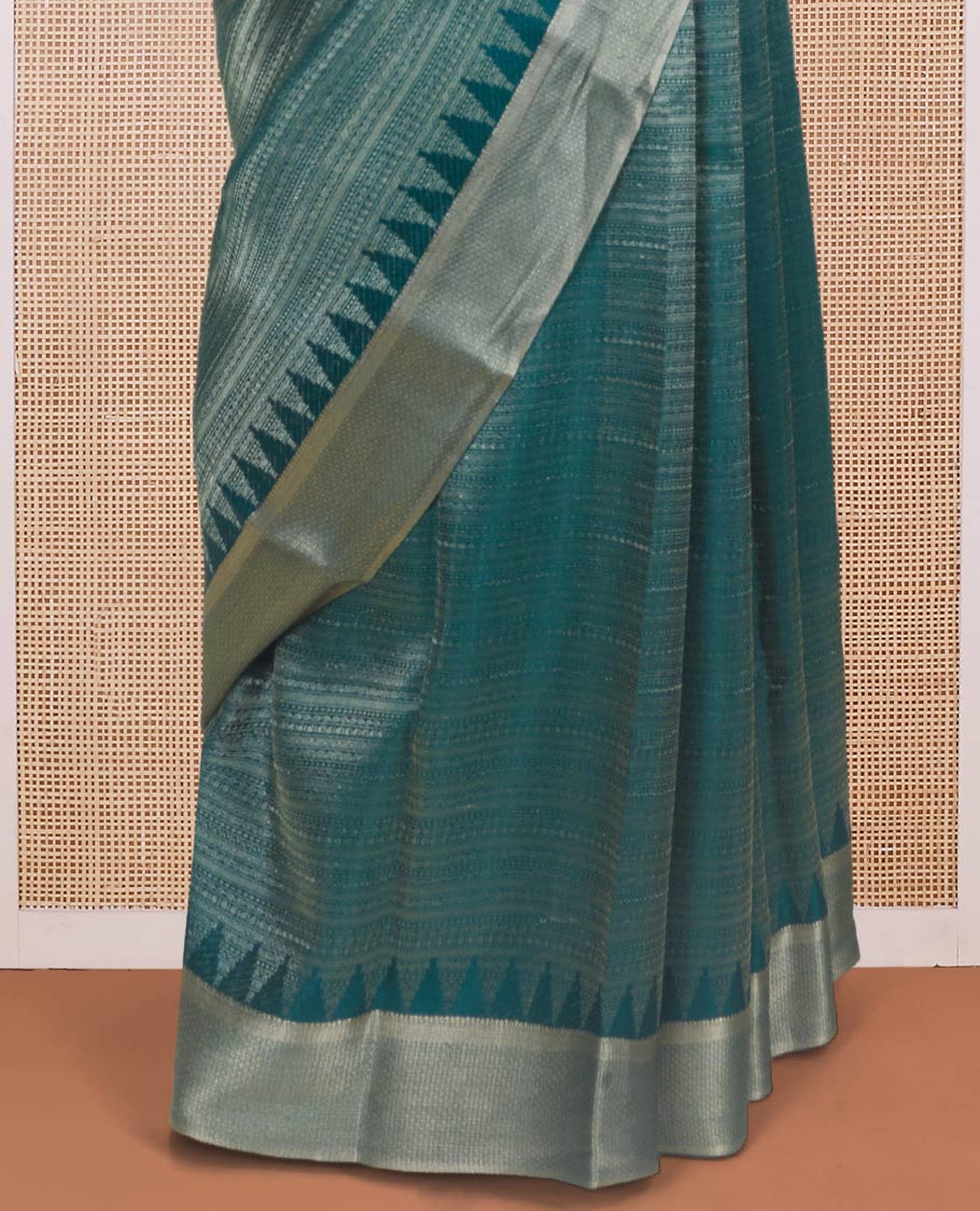Green zari-woven geometric patterns steeped Mysore silk saree, temple traditional zari border, and jaal pallu
