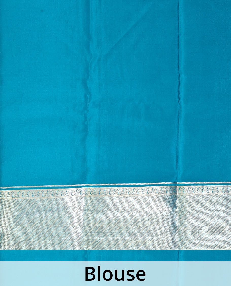 Pink tree zari buttas Mysore silk saree, contrast blue traditional zari motifs woven border, and jaal pallu