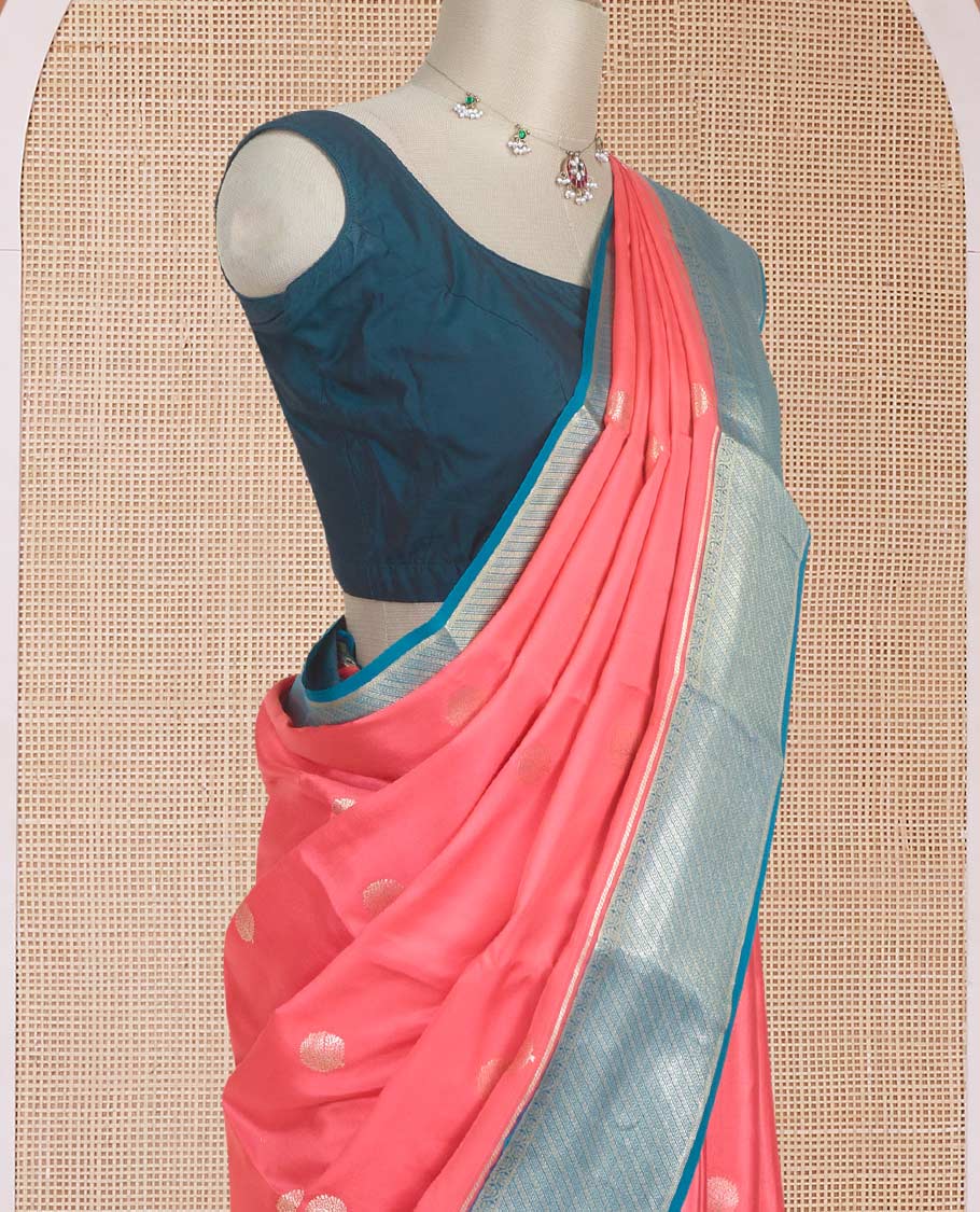 Pink tree zari buttas Mysore silk saree, contrast blue traditional zari motifs woven border, and jaal pallu
