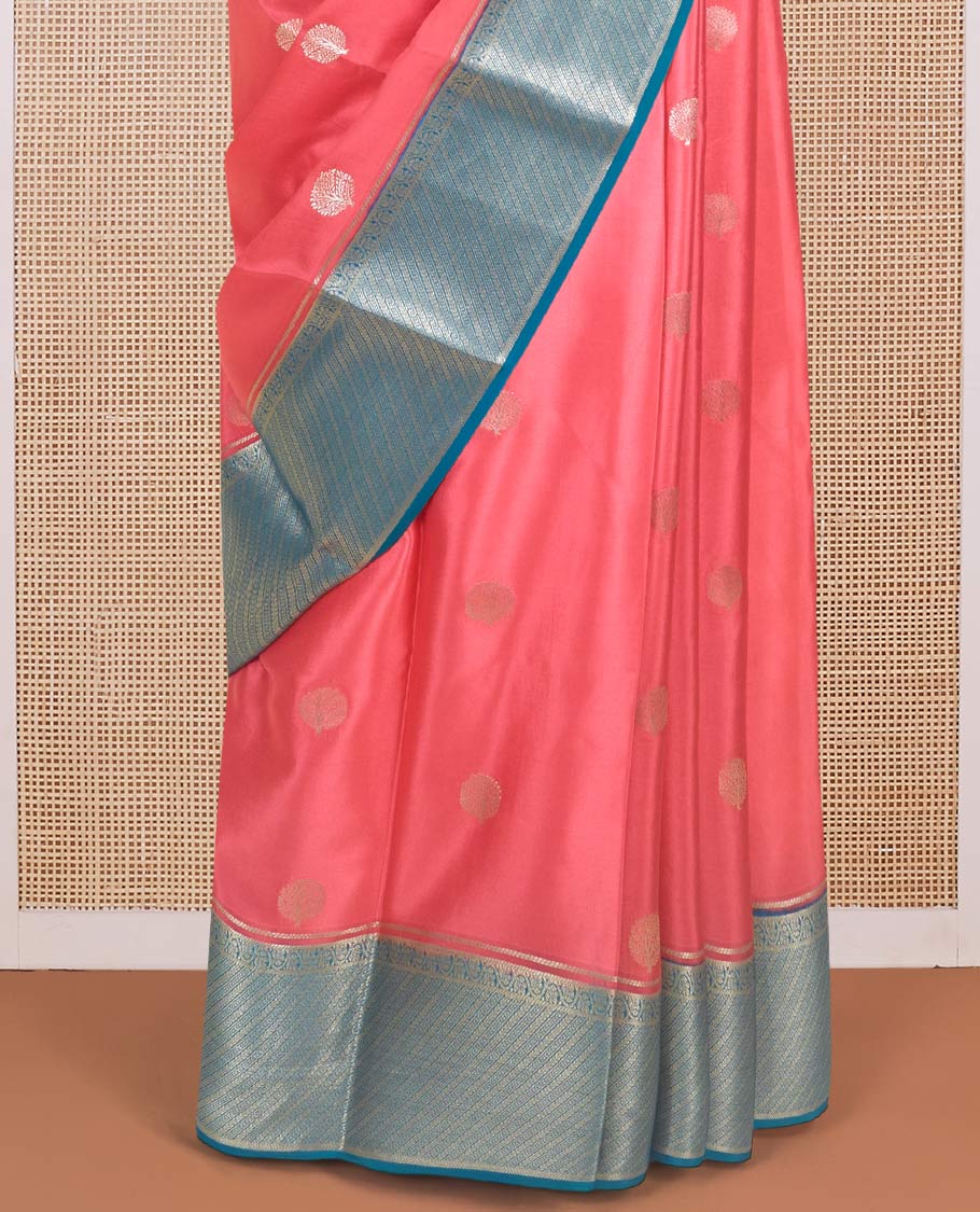 Pink tree zari buttas Mysore silk saree, contrast blue traditional zari motifs woven border, and jaal pallu