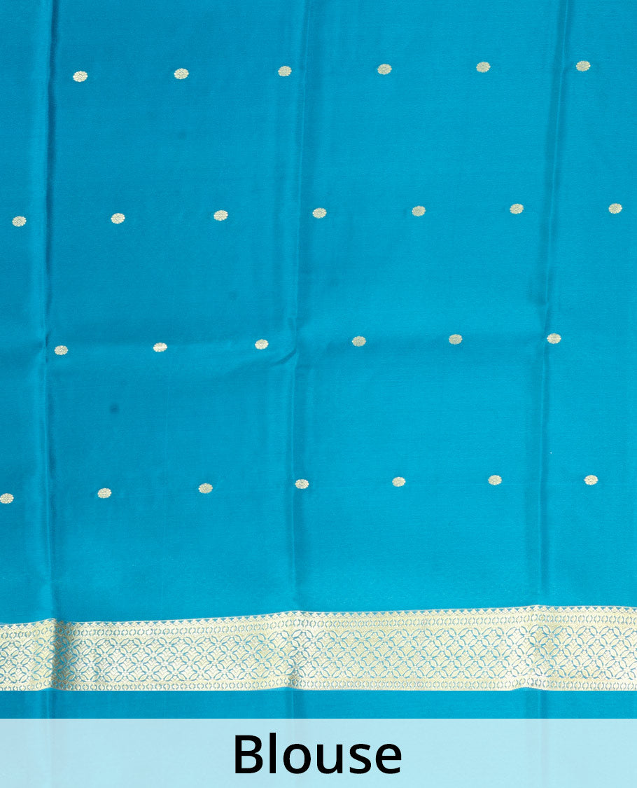 Pista green zari buttas woven Mysore silk saree, contrast jaal design zari border, and pallu adorned with jaal zari design weave