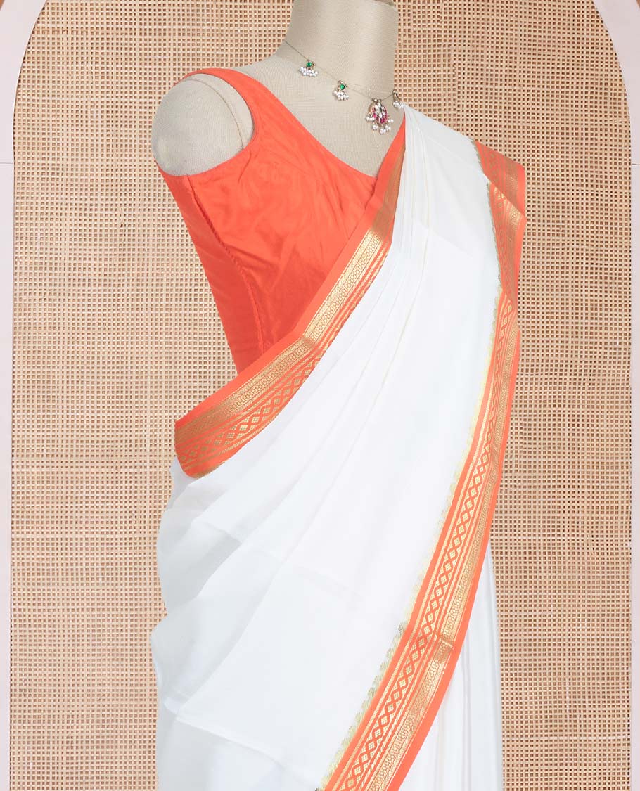 Entralling cream plain Mysore silk saree with contrast geometric zari design borders and pallu of zari seer lines