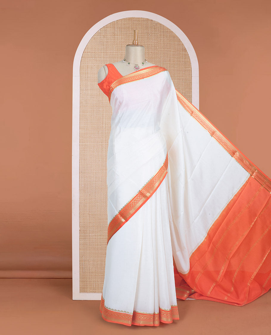 Entralling cream plain Mysore silk saree with contrast geometric zari design borders and pallu of zari seer lines