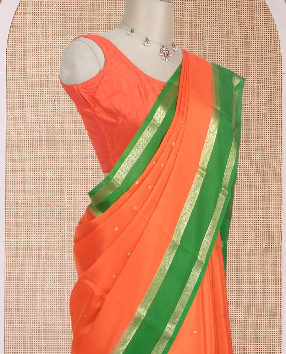 Fanta orange zari buttas woven mysore silk saree, contrast rettai pettu traditional zari border, and zari seer striped pallu