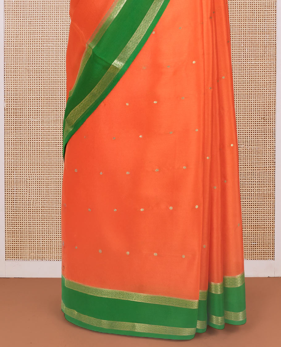Fanta orange zari buttas woven mysore silk saree, contrast rettai pettu traditional zari border, and zari seer striped pallu